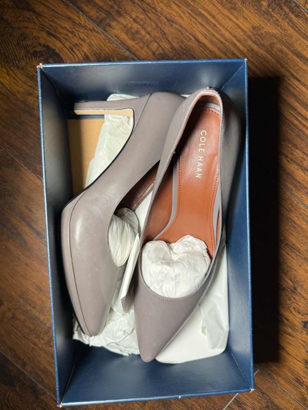 Cole Haan Pointed-Toe Leather Pumps in Taupe Gray